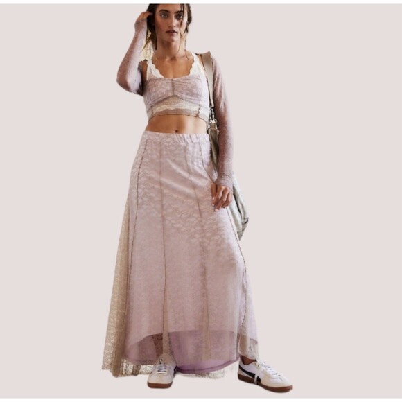 Free People Skirt Set Shape Of You Lace Overlay Mid-rise In Sandy Pink Combo M - Picture 1 of 13